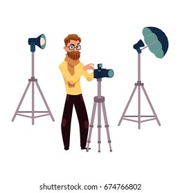 Photographer taking pictures, shooting in studio, photo equipment, camera, flash, tripods, cartoon vector illustration on white background. Photographer working in studio, professional photo equipment