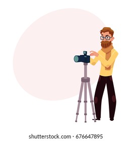 Photographer taking pictures, shooting in studio, using digital camera and tripod, cartoon vector illustration with space for text. Full length portrait of professional photographer working in studio