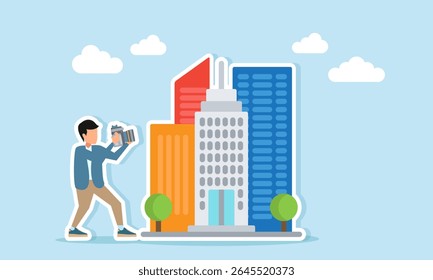 fotógrafo tirando fotos de arranha-céus ilustração de fotos de caça com tema metropolitano ou arquitetura de construção da cidade