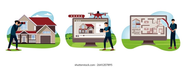 A photographer taking pictures of a stylish house. A man using a tablet to operate a drone for creating real estate listings. Person analyzing a real estate floor plan displayed on a computer screen. 