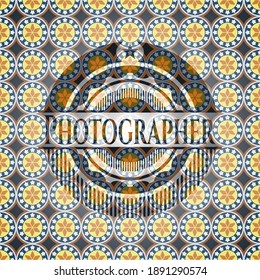 Photographer text emblem on arabesque emblem. arabic decoration. 