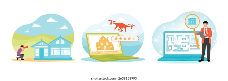 A photographer took a picture of the bright houses. A drone capturing real estate images, displayed as a video tour. Architect analyzing building designs and floor plan. Home for sale concept.