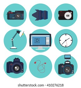 Photographer Tools. Creative Kit. Icons Set with Camera, Lens. Vector illustration