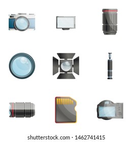 Photographer tools icon set. Cartoon set of 9 photographer tools vector icons for web design isolated on white background
