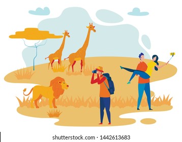 Photographer and Tourists Flat Vector Characters. African Safari, Wilderness Area Tour. Africa Reserve Park, Zoo Cartoon Illustration. Zoologist Exploring Savannah and Desert Wild Animals