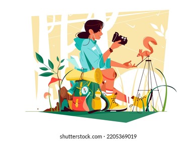 Photographer traveler, girl traveller making photos with squirrel vector illustration. Travel in nature park flat style concept