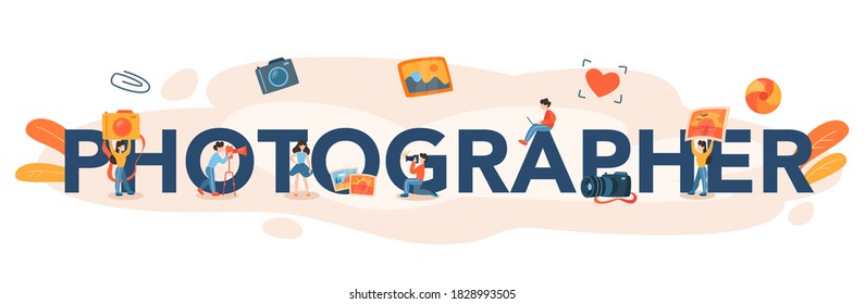 Photographer typographic header concept. Professional photographer with camera taking pictures. Artistic occupation and photography courses. Isolated flat vector illustration