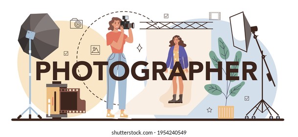 Photographer typographic header. Professional photographer with camera