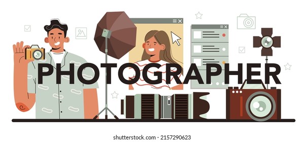 Photographer typographic header. Professional photographer with camera taking pictures in a studio and editing photo. Event photography. Isolated flat vector illustration