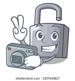 Photographer unlocking padlock on the cartoon gate