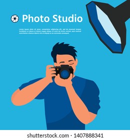 Photographer using professional camera in the studio. Photo studio. Vector illustration. Banner design for photo studio courses and ads