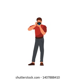 Photographer using professional camera in the studio. Photo studio. Vector illustration of young male character isolated on white background. 