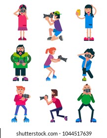 Photographer vector character with professional camera shooting photography or digital photo illustration set of person photographing self portrait or making picture isolated on white background