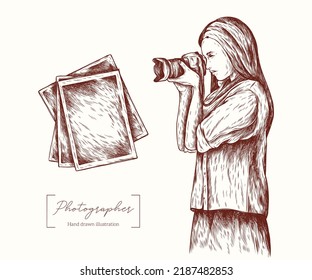 Photographer vector hand drawn illustration. Girl photographer with a camera. Stack of photos in engraving style.