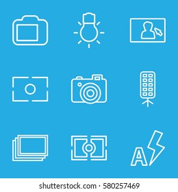 photographer vector icons. Set of 9 photographer outline icons such as photos, camera, soft box, camera display