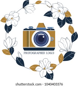 Photographer vector illustration with vintage photo camera and wreath of magnolia flowers. Design element for logotype, label, badge and other