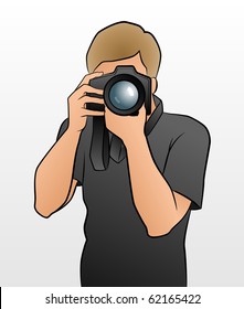 The Photographer. Vector illustration of a young man taking a shoot with a camera