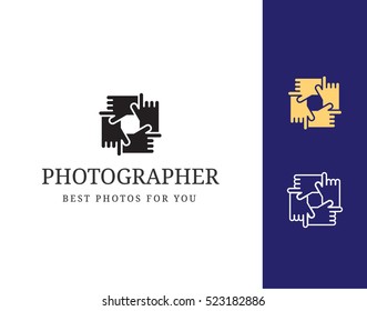 Photographer vector logotype template with hand zoom. Palm picture crop icon or illustration.