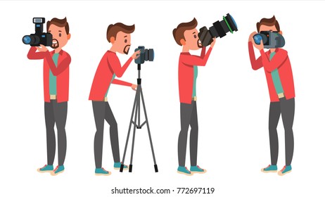 Photographer Vector. Modern Camera. Posing. Full Length Taking Photos. Photojournalist Design. Flat Cartoon Illustration
