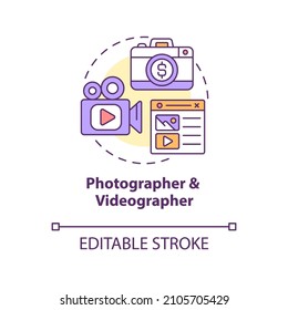 Photographer And Videographer Concept Icon. Digital Marketing Professions Abstract Idea Thin Line Illustration. Isolated Outline Drawing. Editable Stroke. Roboto-Medium, Myriad Pro-Bold Fonts Used