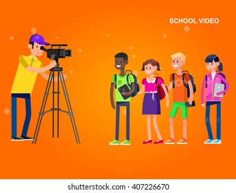 Photographer and videographer cool detailed character videographer with camera photographs school children, a boy and a girl 