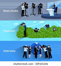 Photographer and videographer horizontal banners set with news studio paparazzi and interview symbols flat isolated vector illustration 