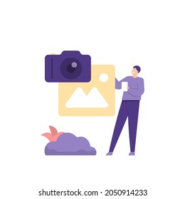 photographer and videographer. illustration of a teacher or tutor giving a tutorial or explaining how to take good pictures. photography courses or training. person, image symbol, camera. flat cartoon