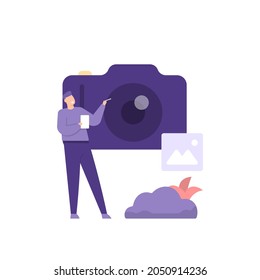 photographer and videographer. illustration of a teacher or tutor giving a tutorial or explaining how to take good pictures. photography courses or training. person, image symbol, camera. flat cartoon