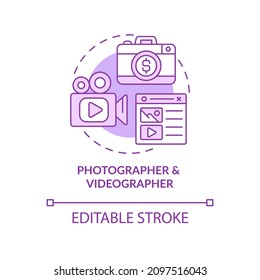 Photographer and videographer purple concept icon. Digital marketing abstract idea thin line illustration. Isolated outline drawing. Editable stroke. Roboto-Medium, Myriad Pro-Bold fonts used