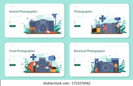 Web-Banner oder Landing-Page-Set von Fotografen. Professioneller Fotograf mit Kamera, der Bilder von Person, Tier, Essen aufnimmt. Kunst- und Fotokurse. Vektorillustration