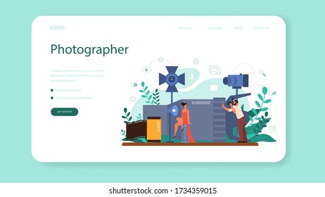 Photographer web banner or landing page. Professional photographer with camera taking pictures. Artistic occupation and photography courses. Isolated flat vector illustration