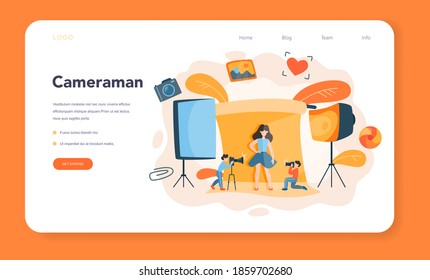 Photographer web banner or landing page. Professional photographer with camera taking pictures of person, animal, food. Artistic occupation and photography courses. Vector illustration