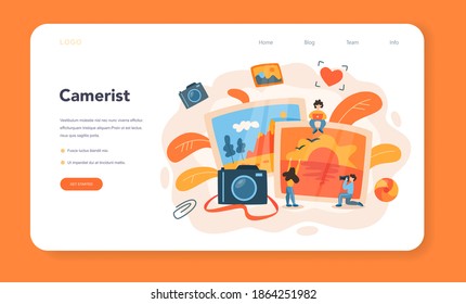 Photographer web banner or landing page. Professional photographer with camera taking pictures of person, animal, food. Artistic occupation and photography courses. Vector illustration