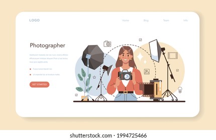 Photographer web banner or landing page. Professional photographer with camera taking pictures in a studio. Artistic occupation and photography journalism. Isolated flat vector illustration