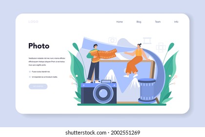 Photographer web banner or landing page. Professional photographer with camera taking pictures in a studio. Artistic occupation and photography journalism. Isolated flat vector illustration