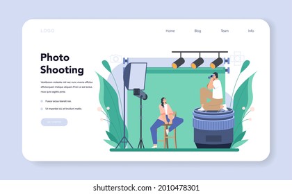 Photographer web banner or landing page. Professional photographer with camera taking pictures in a studio. Artistic occupation and photography journalism. Isolated flat vector illustration