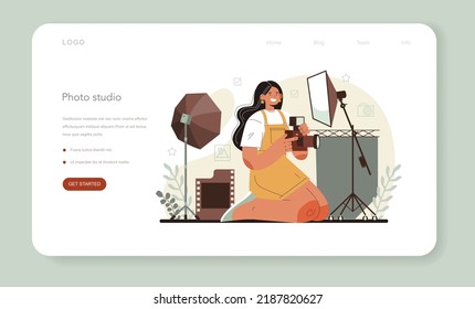 Photographer web banner or landing page. Professional photographer with camera taking pictures in a studio and editing photo. Event photography. Isolated flat vector illustration