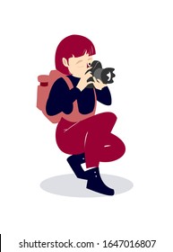 Photographer woman with backpack, takes photographs with her camera  Flat cartoon female character Illustration. Vector drawing isolated on white background