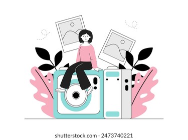 Photographer woman concept. Young girl sits on large camera next to photographs. Creative occupation. Paparazzi and journalist. Linear flat vector illustration isolated on white background