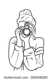  Photographer woman girl is holding camera taking photographs. Woman Silhouette for print. Modern continuous line art.