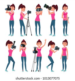 Photographer Woman Vector. hotographer Making Photos. Digital Camera And Professional Photo Equipment. Girl Taking Pictures. Isolated On White Cartoon Character Illustration
