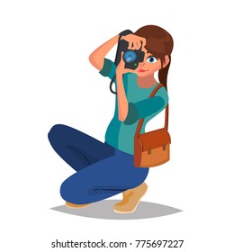 Photographer Woman Vector. Photo Equipment. Camera. Studio Photography. Isolated Flat Cartoon Character Illustration