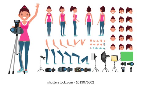 Photographer Woman Vector. Taking Pictures. Animated Female Character Set. Full Length.  Accessories, Poses, Face Emotions, Gestures. Isolated Flat Cartoon Illustration
