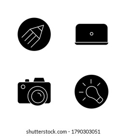 Photographer work elements black glyph icons set on white space. Pen for copywriter. Notebook for distant work. Photo camera. Think of solution. Silhouette symbols. Vector isolated illustration