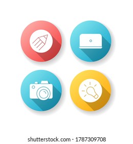Photographer work elements flat design long shadow glyph icons set. Pen for copywriter. Portable computer. Notebook for distant work. Bright idea. Think of solution. Silhouette RGB color illustration