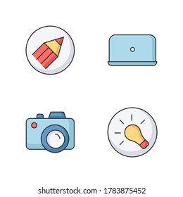 Photographer work elements RGB color icons set. Pen for copywriter. Portable computer. Notebook for distant work. Photo camera. Bright idea. Think of solution. Isolated vector illustrations
