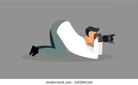 Photographer at work flat vector illustration. Paparazzi, reporter with camera waiting for perfect shot, exclusive photo. Private detective spying in crawling position with professional equipment