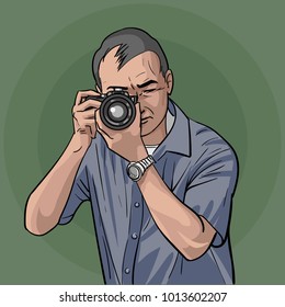 The photographer is at work. Portrait of a photographer looking into the lens. Illustration.