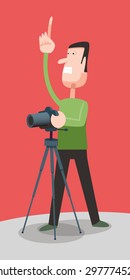 Photographer at work with a tripod, vector cartoon illustration, 