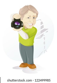 Photographer at Work/ The vector illustration of the Smiling Photographer